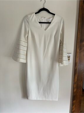 Calvin Klein Cream V-Neck Midi Dress with Ladder Bell Sleeves